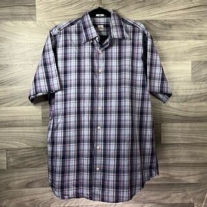 Peter Millar Mens Button-Up Shirt Purple‎ Black Plaid Short Sleeves Pocket L